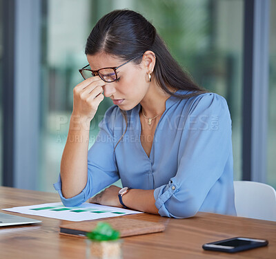 Buy stock photo Tired, stress and headache business woman with marketing statistics, budget report and company finance management risk. burnout, depression or glasses vision problem of corporate worker and paperwork