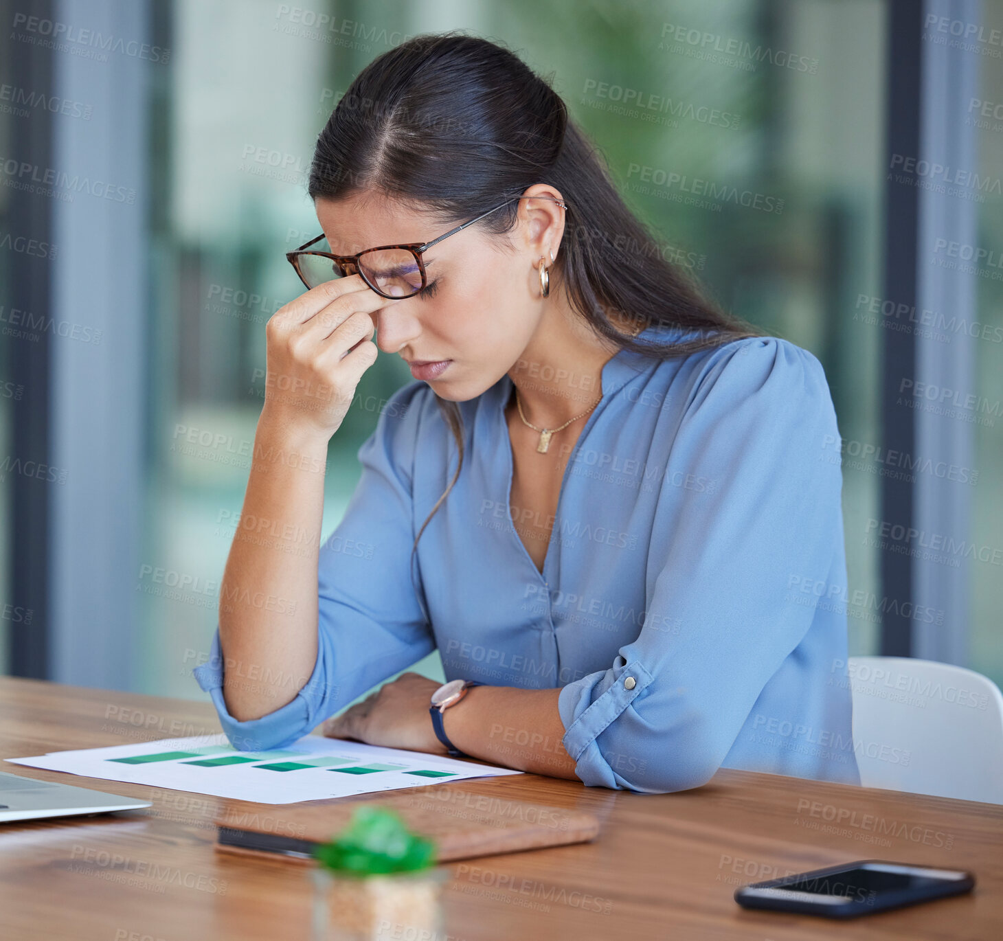 Buy stock photo Tired, stress and headache business woman with marketing statistics, budget report and company finance management risk. burnout, depression or glasses vision problem of corporate worker and paperwork