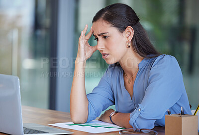 Buy stock photo Business woman, laptop and stress with headache from work anxiety or technical problems at the office. Female employee analyst suffering from burnout, depression or mental health issues at workplace
