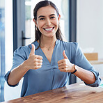 Thumbs up, business woman and portrait in office startup workplace for like, career success or target achievement. Corporate manager, boss or leader with thank you, support or agreement hands sign