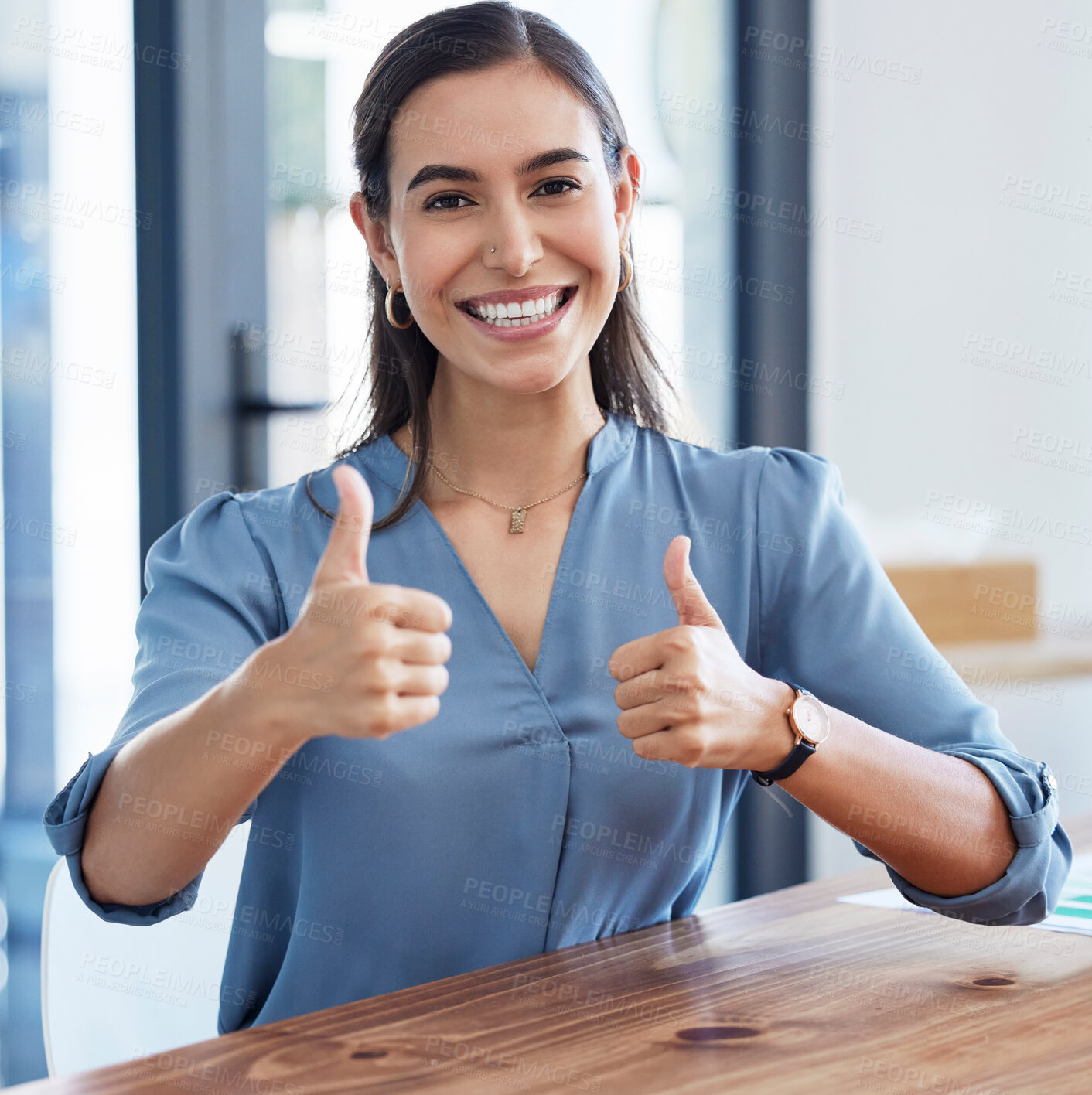 Buy stock photo Thumbs up, business woman and portrait in office startup workplace for like, career success or target achievement. Corporate manager, boss or leader with thank you, support or agreement hands sign