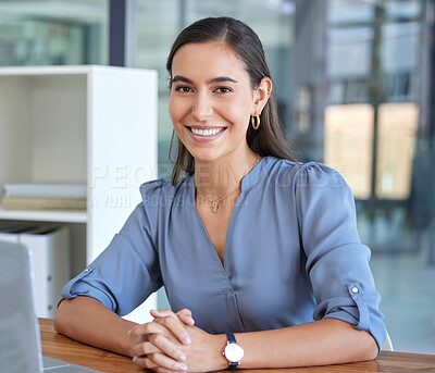 Buy stock photo Business, working and portrait of woman at desk with smile on face for success, leadership and confidence. Vision, innovation and girl in corporate office ready to work on project, planning and idea
