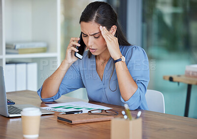 Buy stock photo Phone call, stress or business woman with documents for headache, depression or audit anxiety, chart or marketing research. Corporate, laptop or employee with smartphone with insurance finance loss