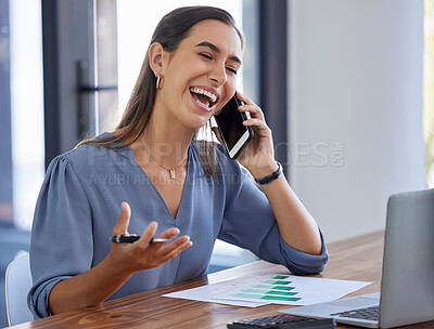 Buy stock photo Phone call, data and laughing doctor with laptop for communication of healthcare, stats and networking on a phone. Happy, medicine and nurse on a mobile and working on a pc for medical conversation