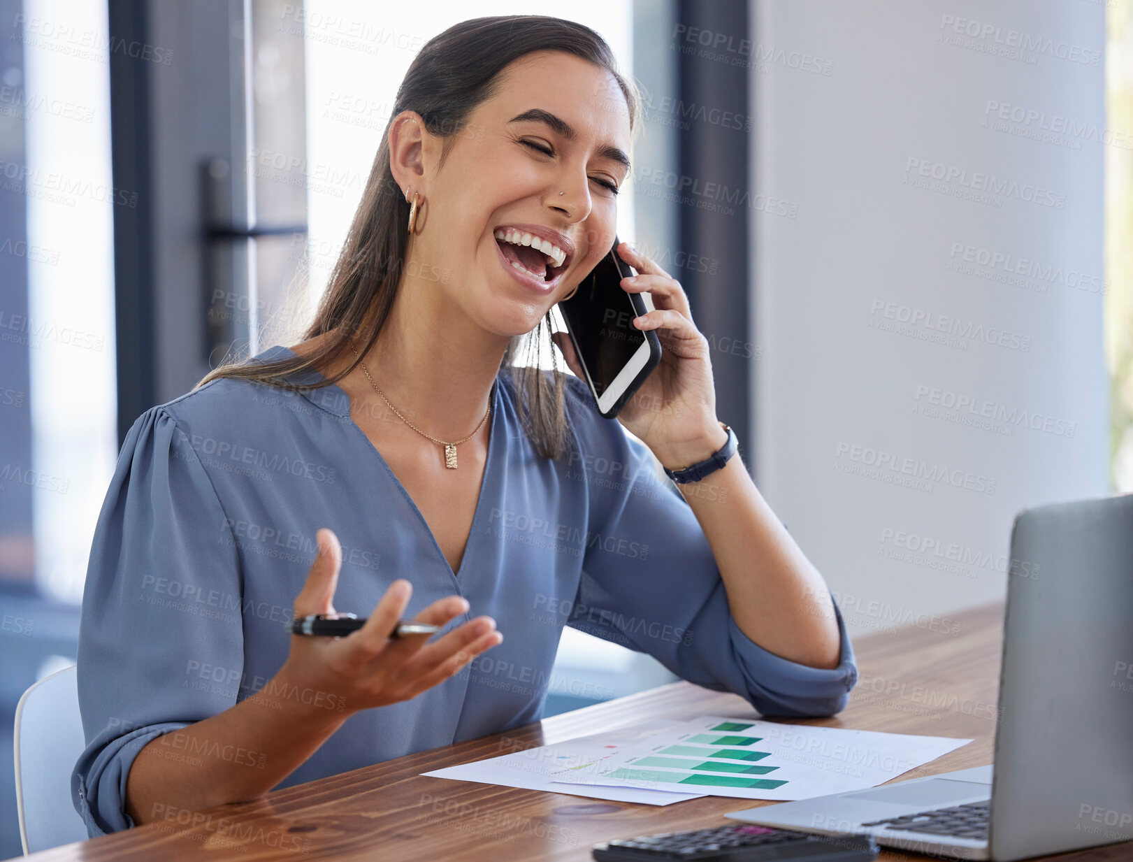 Buy stock photo Phone call, data and laughing doctor with laptop for communication of healthcare, stats and networking on a phone. Happy, medicine and nurse on a mobile and working on a pc for medical conversation