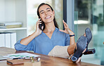 Relax, phone call and business woman in office talking, speaking or business deal discussion. Tech, contact and happy female on mobile smartphone at workplace chatting, networking or communication.