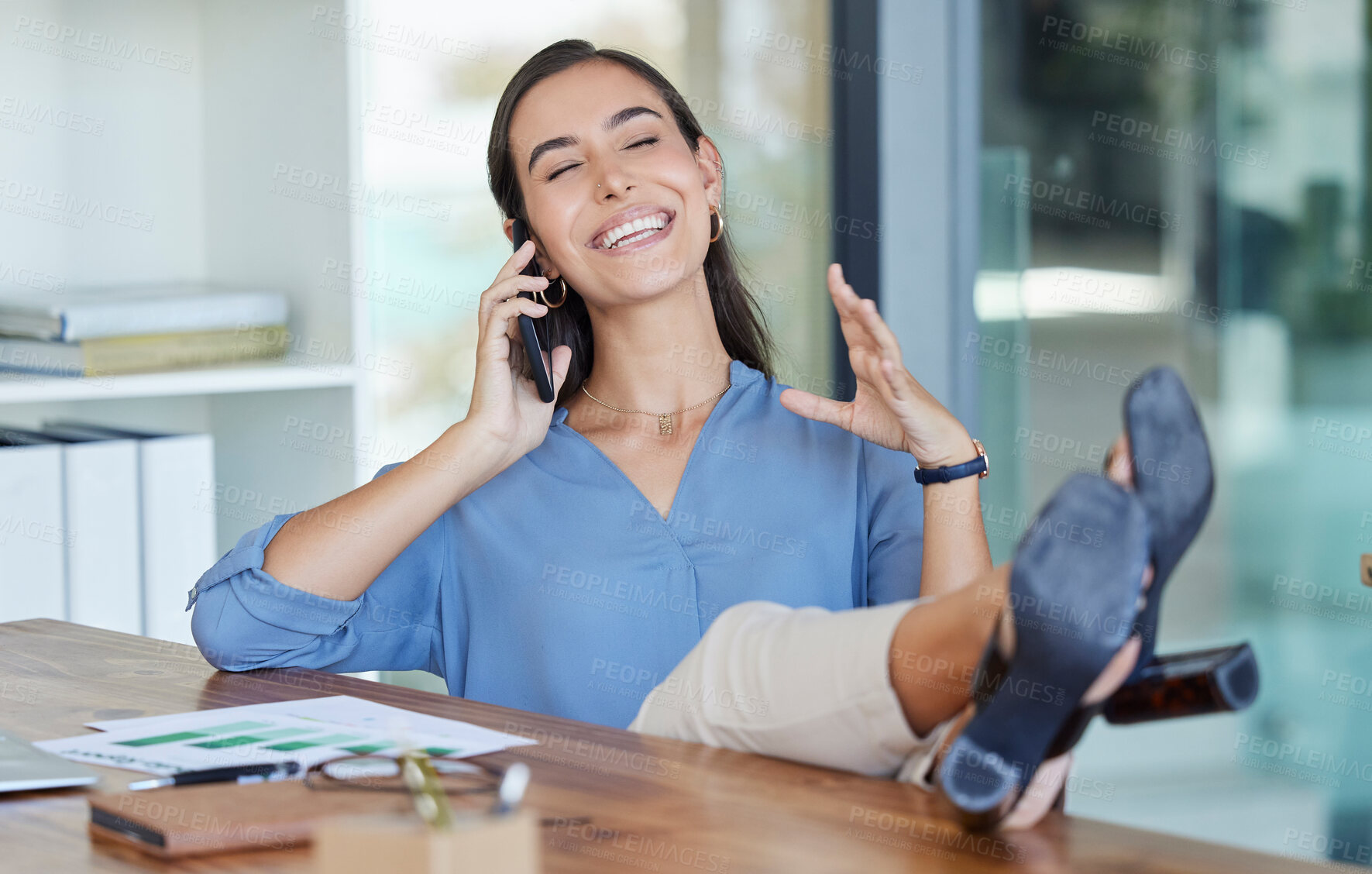 Buy stock photo Relax, phone call and business woman in office talking, speaking or business deal discussion. Tech, contact and happy female on mobile smartphone at workplace chatting, networking or communication.