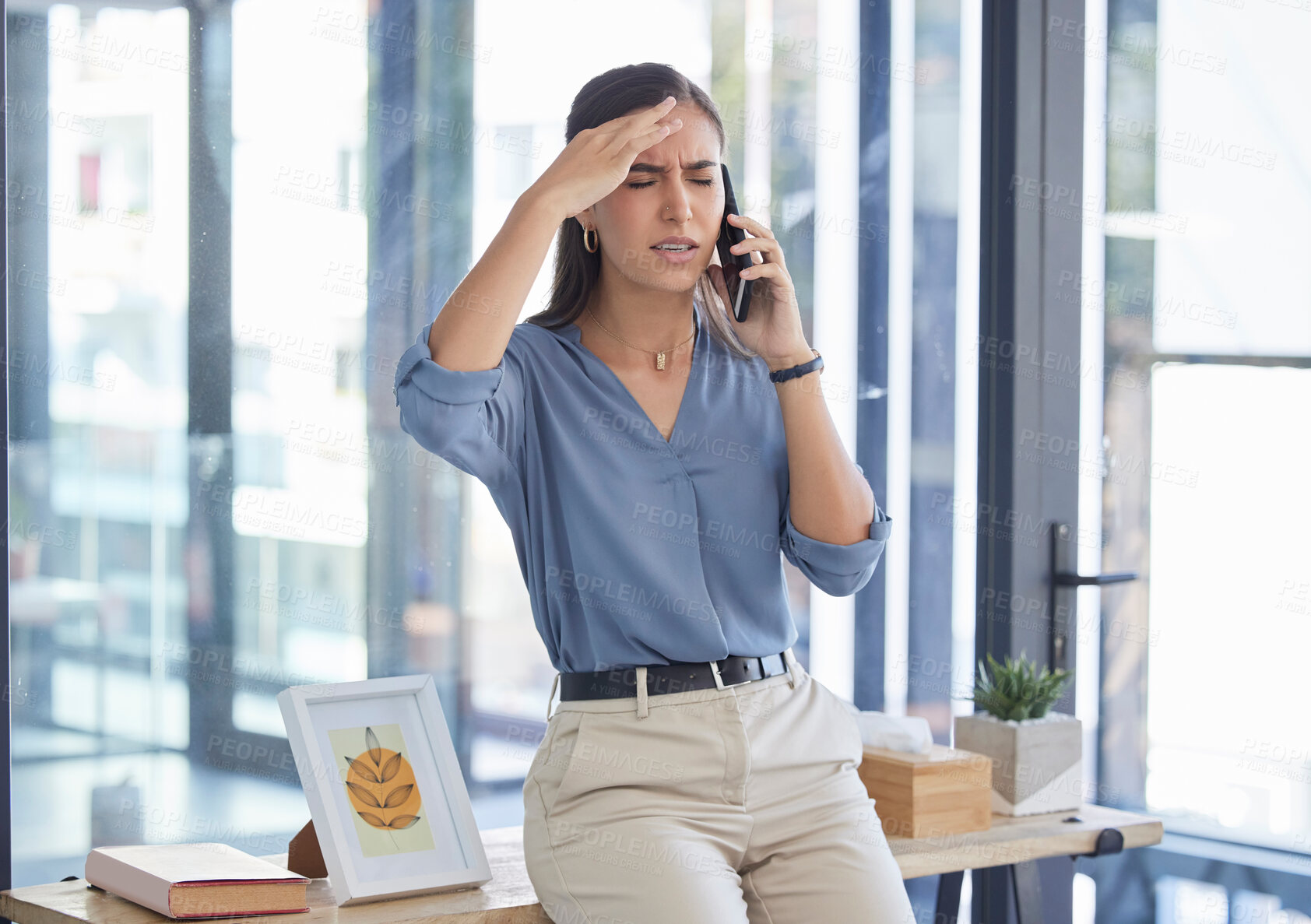 Buy stock photo Work stress, business woman and headache of a finance and audit call problem feeling anxiety. Employee with corporate burnout and mental health problem from financial report and office error