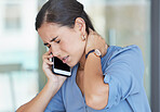 Neck pain, smartphone and business woman on telehealth phone call for advice about fatigue, burnout and healthcare in office workplace. Sad, back pain or tired corporate employee talking on cellphone