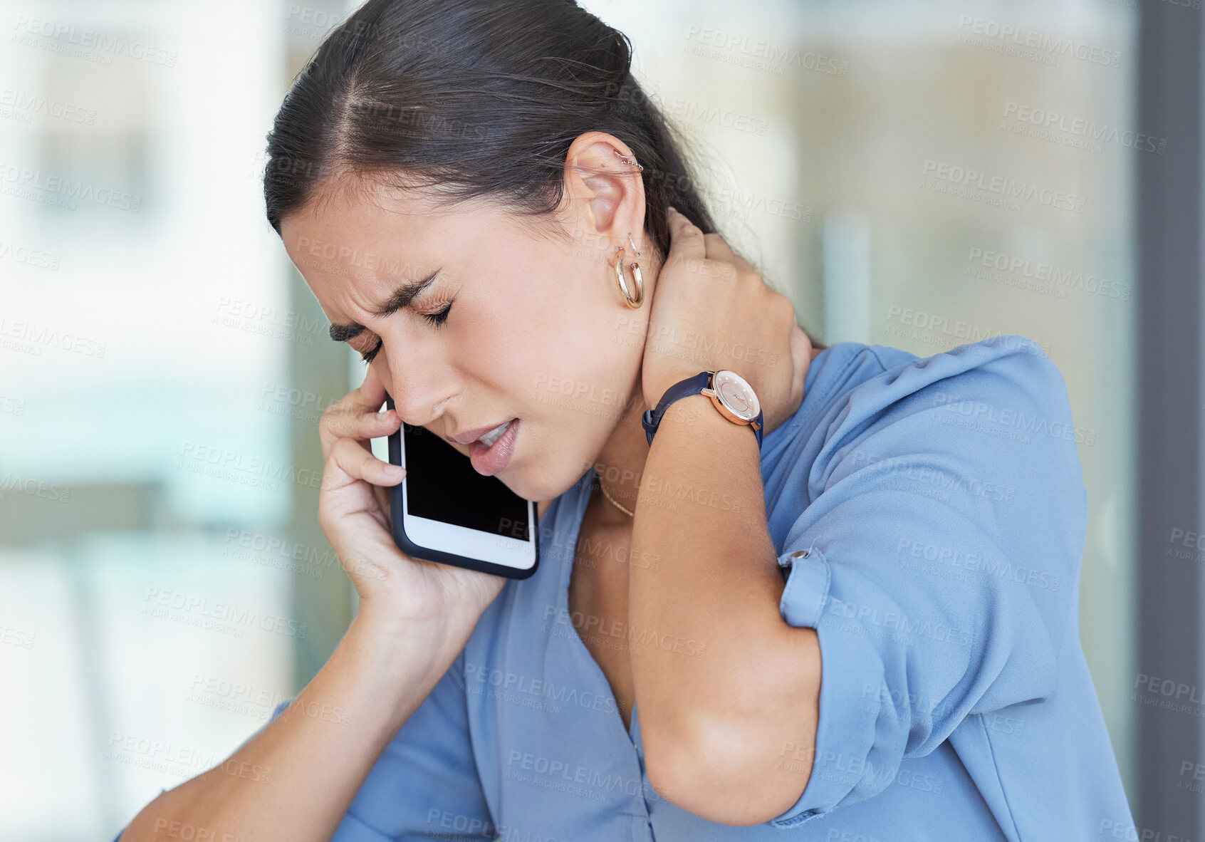 Buy stock photo Neck pain, smartphone and business woman on telehealth phone call for advice on fatigue, burnout and healthcare in office workplace. Sad, muscle pain or tired corporate employee talking on cellphone