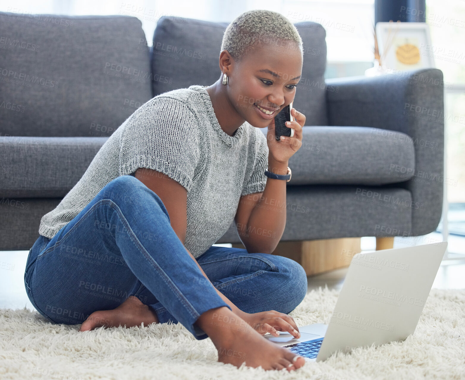 Buy stock photo Black woman, entrepreneur and phone call with smartphone and laptop, communication for small business with business contact. Internet, call and working with technology for research and networking.