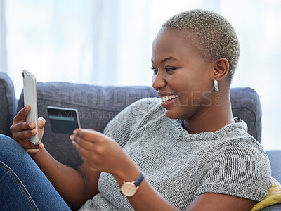 Buy stock photo Ecommerce, phone and happy black woman with a credit card online shopping on a digital payment app at home. Smile, banking and excited African girl checks cash budget, money growth or savings online