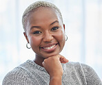 Happy black woman, smile and portrait in office at digital marketing business for success, motivation or vision. African woman, happiness and beauty in workplace for leadership, management or web job