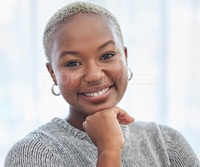 Buy stock photo Happy black woman, smile and portrait in office at digital marketing business for success, motivation or vision. African woman, happiness and beauty in workplace for leadership, management or web job