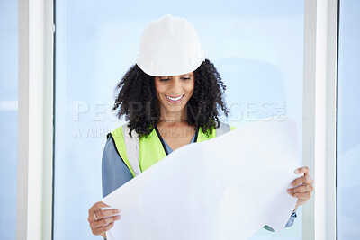Buy stock photo Architect, engineer or woman with paper in hand for blueprints, planning or construction documents. Happy, construction worker smile or drawing paper for interior design, planning or architecture