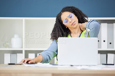 Buy stock photo Woman architect, laptop and neck pain in stress, burnout or overworked at the office. African American female employee suffering from neck ache, inflammation or spasm working on computer at workplace