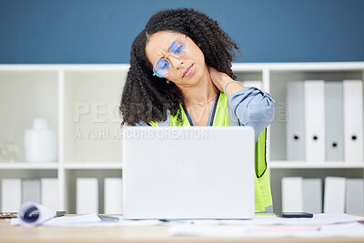 Buy stock photo Stress, neck pain and black woman architect and engineer employee with office computer. Working, burnout and laptop work of engineering worker with technology frustrated about architecture company