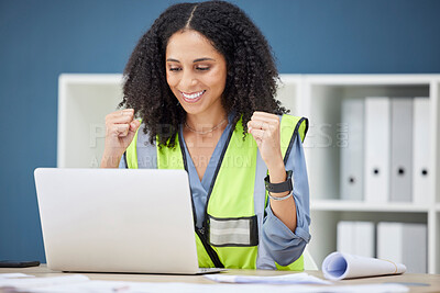 Buy stock photo Architect, laptop or black woman success with construction, building or home renovation contract deal in office. Happy, smile and wow woman engineer for motivation, celebration or architecture design