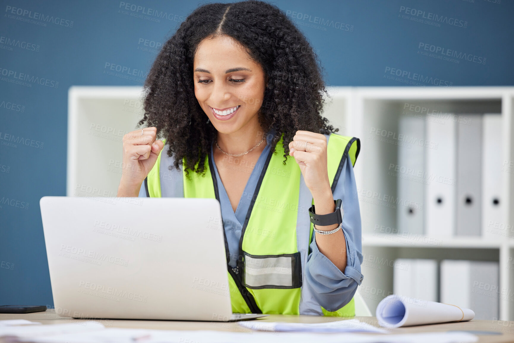 Buy stock photo Architect, laptop or black woman success with construction, building or home renovation contract deal in office. Happy, smile and wow woman engineer for motivation, celebration or architecture design