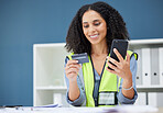 Woman, ecommerce and credit card with phone for shopping, payment and bank technology in office. Happy black woman, online shopping and fintech at architecture, construction or contractor workplace