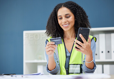 Buy stock photo Woman, ecommerce and credit card with phone for shopping, payment and bank technology in office. Happy black woman, online shopping and fintech at architecture, construction or contractor workplace