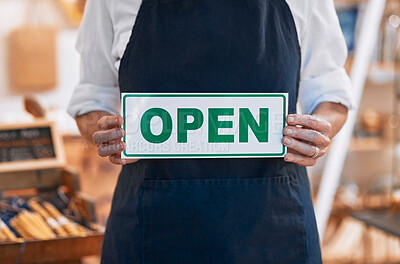 Buy stock photo Closeup, open sign or small business woman, hands or retail store for shopping, service or product. Board, welcome  and information at honey shop, organic or health food blurred background with owner