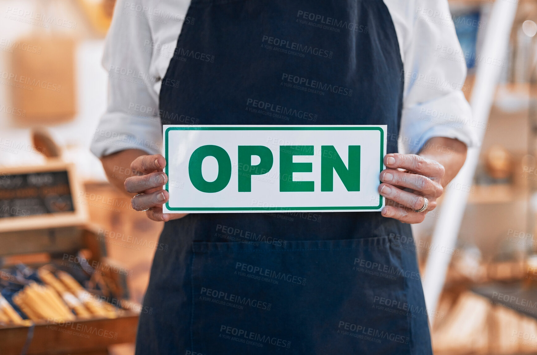Buy stock photo Closeup, open sign or small business woman, hands or retail store for shopping, service or product. Board, welcome  and information at honey shop, organic or health food blurred background with owner