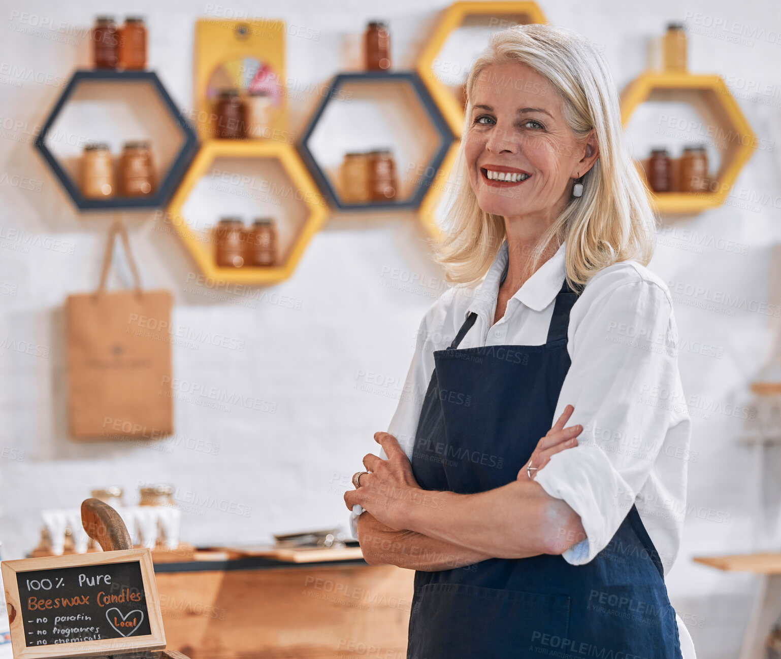 Buy stock photo Retail, manager and honey with woman in store for grocery, food and natural products. Supermarket, organic and trade with portrait of small business owner for sales, vision or fresh nectar in startup