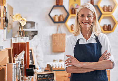 Buy stock photo Portrait, senior woman and small business leader proud of honey shop, organic product and recycle initiative in local store. Market, success and lady in sustainable business vision, startup and goal 