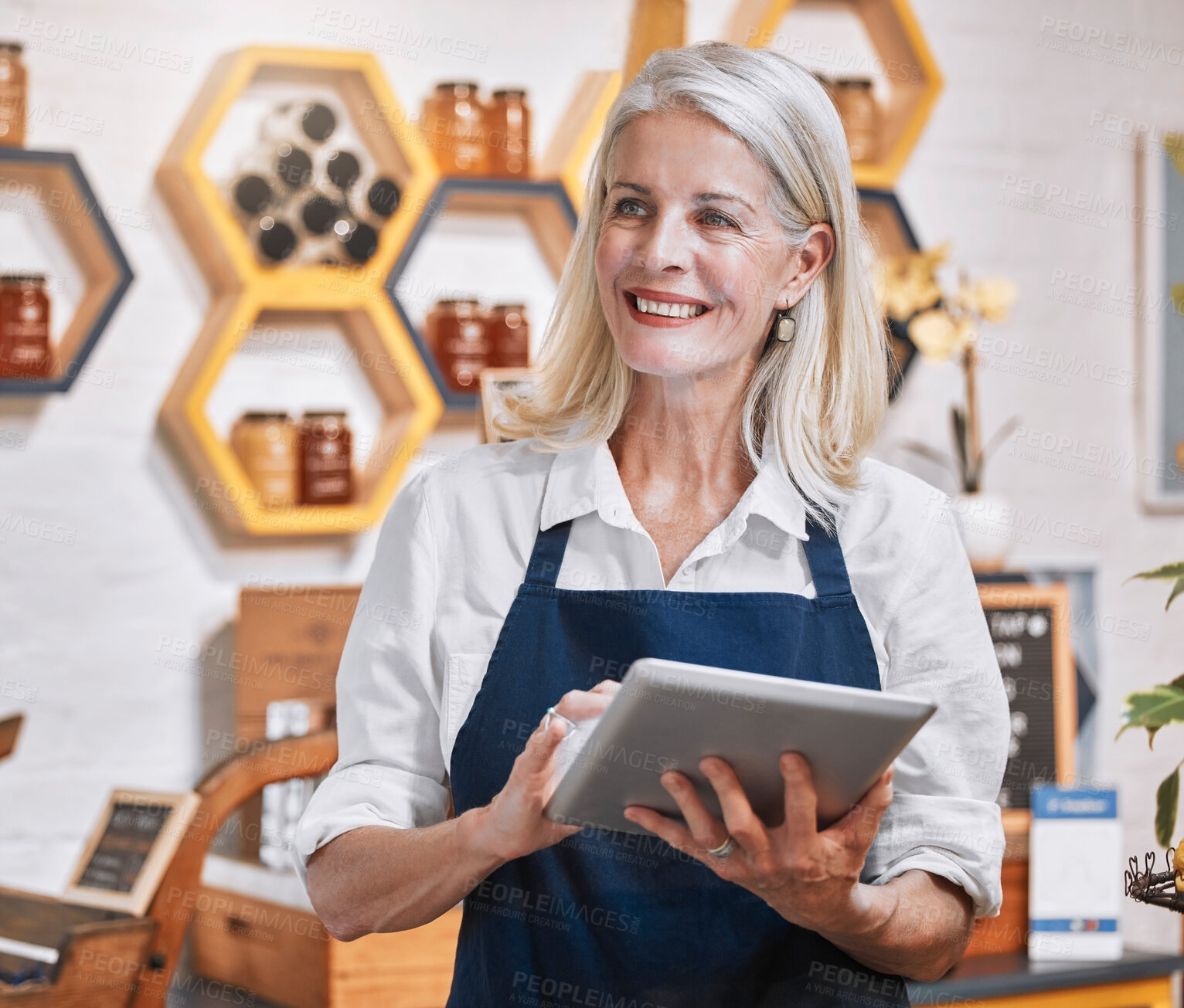 Buy stock photo Small business owner, tablet and woman with sustainable, eco friendly and honey shop with recycle glass and e commerce marketing strategy idea. Online shop, website planning and food store manager