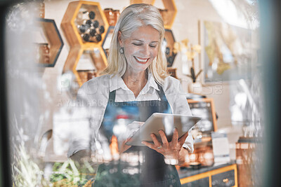 Buy stock photo Small business, woman and tablet in honey shop for marketing, advertising or ecommerce in startup. Happy elderly female business owner with smiling working on touchscreen for online retail store