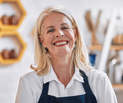 Buy stock photo Small business owner, portrait and woman with smile for startup success, product sales and sustainable marketplace. Senior manager, boss or retail worker in a cafe, store or shop with commerce goals