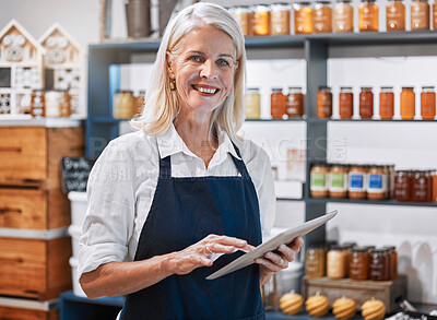 Buy stock photo Success, tablet and woman manager of a small business, honey store or retail shop searching online. Smile, portrait and happy entrepreneur scrolling the internet for digital marketing advice or tips 