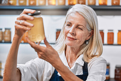 Buy stock photo Small business, elderly woman and honey store owner for raw, natural and organic product, proud and happy. Sustainable business, market and senior woman with glass jar of healthy, syrup and nutrition