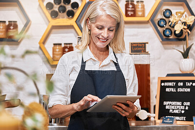 Buy stock photo Honey business, woman entrepreneur and tablet of a female happy about small business growth. Store management employee with technology happy about organic produce sales and retail store vision