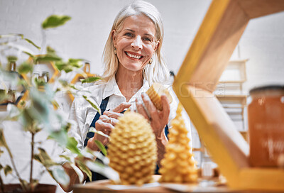 Buy stock photo Sustainability, small business and elderly woman portrait in honey store happy, smile and proud of eco friendly product. Local, market and senior business woman in local shop success, service and job