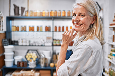 Buy stock photo Small business, senior woman and portrait of honey shop owner proud of organic product startup, vision and goal. Success, elderly lady and sustainable business boss happy, smile and enjoying career