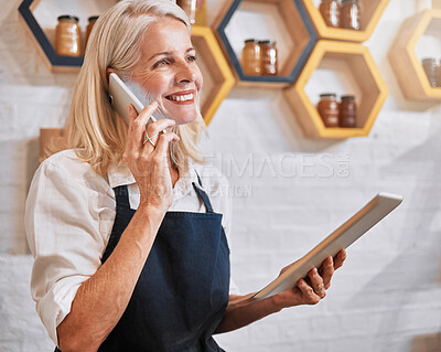 Buy stock photo Phone call, tablet and honey with a retail woman recording an online order via mobile communication. Business, ecommerce and nectar sales with a female employee talking while working in her store