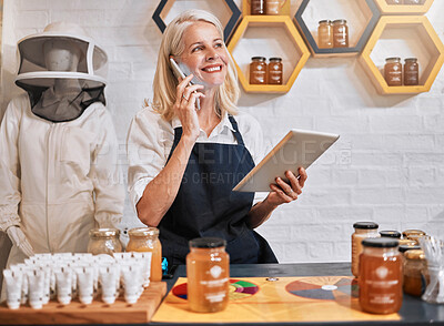 Buy stock photo Phone call, honey and tablet with woman in store for natural product, organic and grocery shopping. Retail, health and food ingredient with small business owner with communication and technology