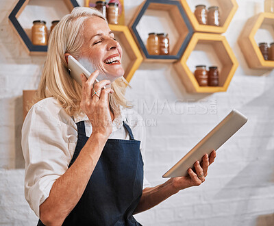 Buy stock photo Phone call, tablet or product with woman in store for natural, organic or communication for grocery shopping. Happy startup, honey or retail small business owner for supermarket, food or wellness 