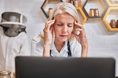 Buy stock photo Headache, stress and honey with a retail woman beekeeper suffering from burnout in her sale store. Mental health, anxiety and pressure with a female small business owner working in her startup