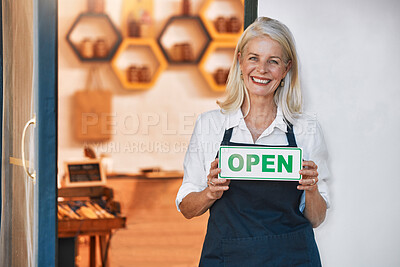 Buy stock photo Open sign, woman and small business for honey, retail and shop with smile in portrait and happy with natural product startup business. Elderly business owner, organic and raw, store with shopkeeper.