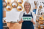 Honey, entrepreneur or woman with an open sign advertising a retail shop or small business in the marketplace. Welcome, portrait and happy senior business owner ready to sell natural or organic food
