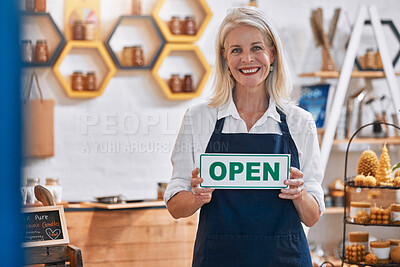 Buy stock photo Honey, entrepreneur or woman with an open sign advertising a retail shop or small business in the marketplace. Welcome, portrait and happy senior business owner ready to sell natural or organic food
