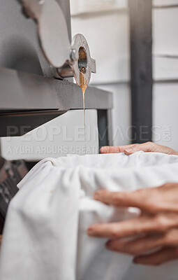 Buy stock photo Honey, production and basket with food production of a sustainability farming and honeycomb liquid. Gold wax harvest with farmer hands holding a cloth to catch organic and eco friendly product