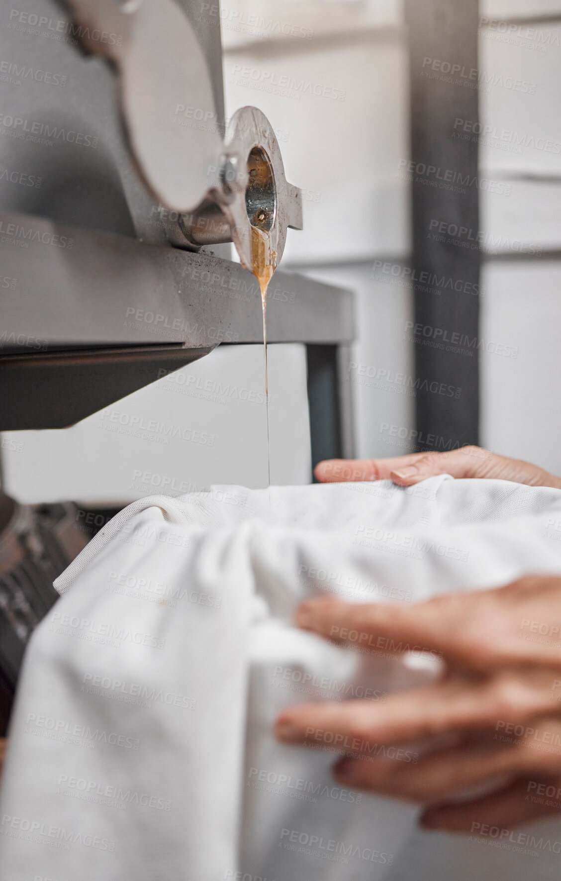 Buy stock photo Honey, production and basket with food production of a sustainability farming and honeycomb liquid. Gold wax harvest with farmer hands holding a cloth to catch organic and eco friendly product