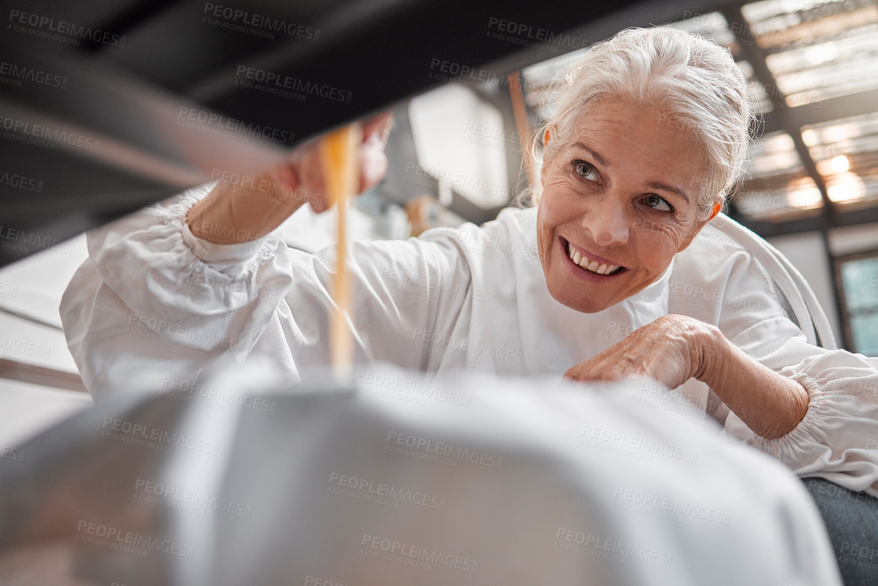 Buy stock photo Honey, beekeeper working and honeycomb production industry workshop, sugar pouring and bee farming. Woman, beekeeping product and happy worker or natural organic, food nutrition farmer with bees wax