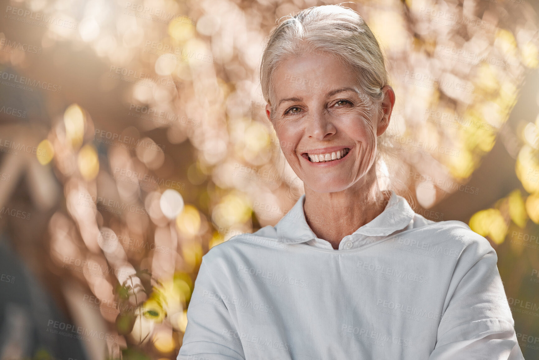 Buy stock photo Elderly woman, portrait smile and nature for happy retirement, relax or adventure in the outdoors. Happy senior female face smiling with teeth in happiness or satisfaction for the natural environment