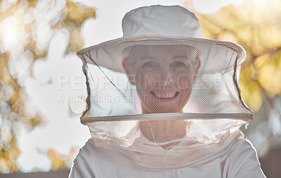 Buy stock photo Beekeeper, woman and protective suit in portrait, happy and outddor with ppe, safety and agriculture. Senior bee farmer, happy and beekeeping at farm, backyard or nature to work in honey production