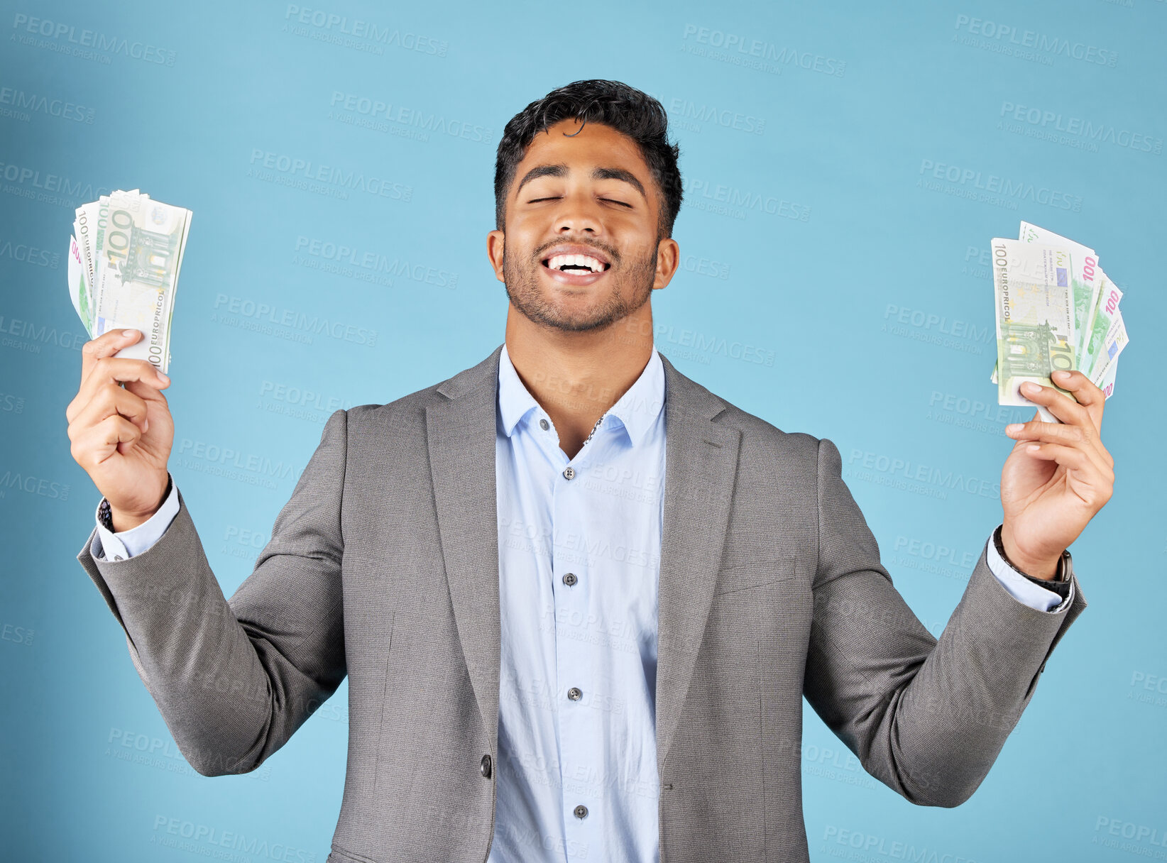 Buy stock photo Happy businessman, cash and money on studio background, euro finance and profit from economy, financial freedom and bonus income. Wealth, winner and deal of rich entrepreneur, investment and success 